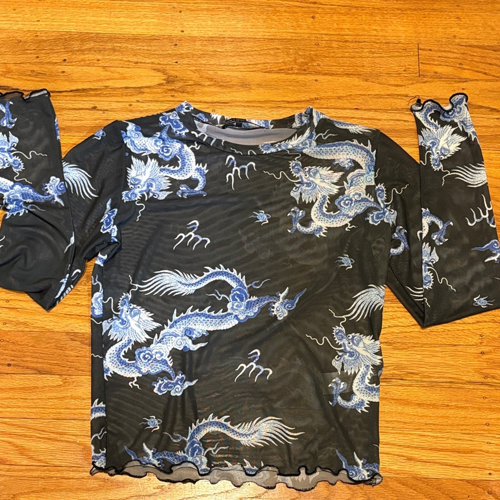Rock Rose Couture sheer black, blue and white dragon top